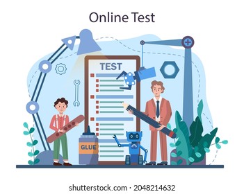 Erstellen und Modellieren von Schulkursen online Service oder Plattform. Der Lehrer unterrichtet die Schüler, wie man Handwerk macht. Bildhauerei, Flugzeuge und 3D-Modellierung. Online-Test. Flache Vektorgrafik