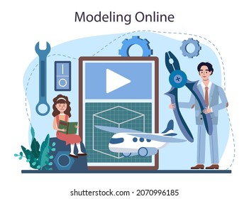 Erstellen und Modellieren von Schulkursen online Service oder Plattform. Der Lehrer unterrichtet die Schüler, wie man Handwerk macht. Bildhauerei, Flugzeuge und 3D-Modellierung. Online-Modellierung. Flache Vektorgrafik