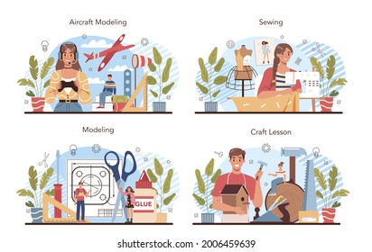 Crafting and modeling school course set. Teacher learning students to craft. Aircraft modeling, sculpting and sewing. Creative hobby and ocupation. Isolated flat vector illustration