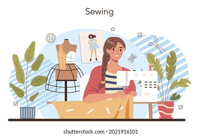 Crafting and modeling school course. Teacher learning students to craft. Sewing lesson. Creative hobby and ocupation. Isolated flat vector illustration