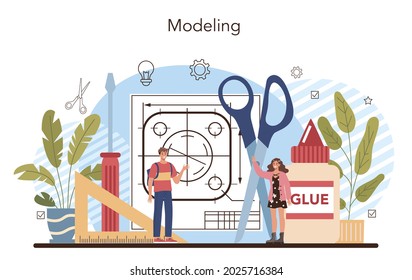 Crafting and modeling school course. Teacher learning students to craft. Modeling lesson. Creative hobby and ocupation. Isolated flat vector illustration