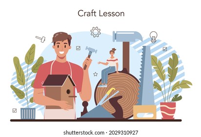 Crafting and modeling school course. Teacher learning students to craft. Creative hobby and ocupation. Isolated flat vector illustration