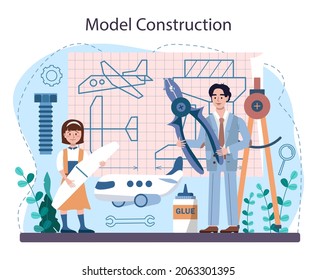 Crafting and modeling school course. Teacher educate students how to craft. Sculpting, aircraft and 3d modeling. Creative hobby and lesson. Isolated flat vector illustration