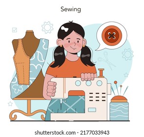 Crafting and modeling school course. Teacher learning students to craft. Sewing creative hobby. Isolated flat vector illustration