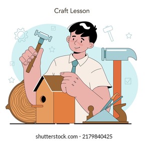 Crafting and modeling school course. Teacher learning students to craft. Aircraft modeling, sculpting and sewing. Creative hobby. Isolated flat vector illustration