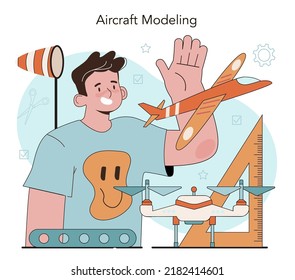 Crafting and modeling school course. Teacher learning students to craft. Aircraft modeling, sculpting and sewing. Creative hobby. Isolated flat vector illustration