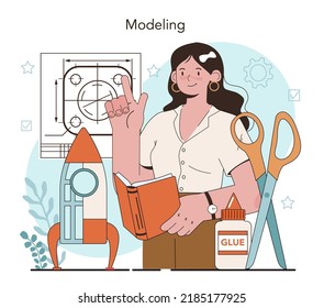 Crafting and modeling school course. Teacher learning students to craft. Aircraft modeling, sculpting and sewing. Creative hobby. Isolated flat vector illustration