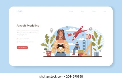 Crafting and modeling school course web banner or landing page. Teacher learning students to craft. Aircraft modeling lesson. Creative hobby and ocupation. Isolated flat vector illustration