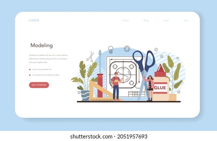 Crafting and modeling school course web banner or landing page. Teacher learning students to craft. Modeling lesson. Creative hobby and ocupation. Isolated flat vector illustration