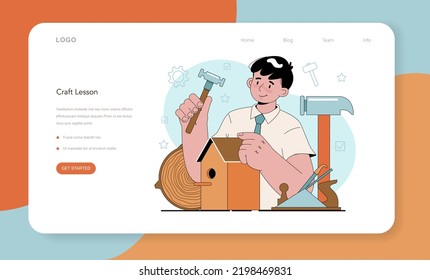 Crafting and modeling school course web banner or landing page. Teacher learning students to craft. Aircraft modeling, sculpting and sewing. Creative hobby. Isolated flat vector illustration