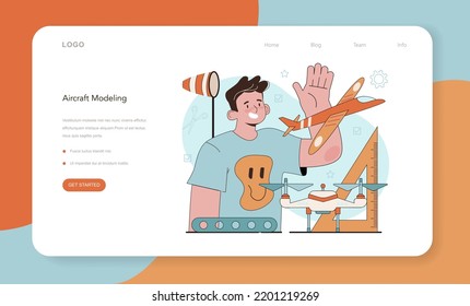 Crafting and modeling school course web banner or landing page. Teacher learning students to craft. Aircraft modeling, sculpting and sewing. Creative hobby. Isolated flat vector illustration