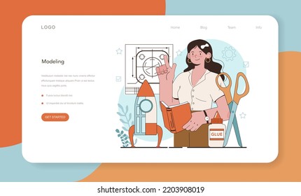 Crafting and modeling school course web banner or landing page. Teacher learning students to craft. Aircraft modeling, sculpting and sewing. Creative hobby. Isolated flat vector illustration