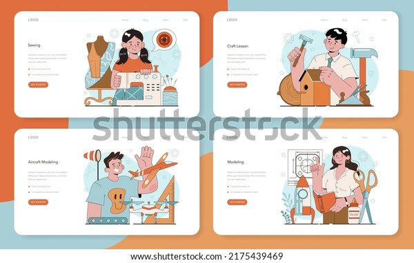 Crafting and modeling school course web\
banner or landing page set. Teacher learning students to craft.\
Aircraft modeling, sculpting and sewing. Creative hobby. Isolated\
flat vector\
illustration