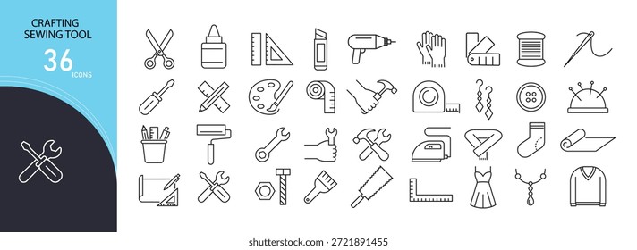 Crafting and sewing icons set. Includes icons for sewing tools, needle, thread, fabric, scissors, buttons, stitching, tailoring, handmade crafts, DIY projects, and textile work.Editable stroke. 