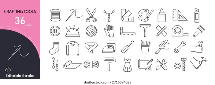 Crafting tool icons set. Includes icons for handmade tools, DIY equipment, art and craft supplies, and creative workshop elements. Perfect for creative projects and tutorials. Editable stroke.