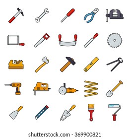 Crafting Tools Filled Line Icons Vector Set. Collection 25 color symbols isolated on white background