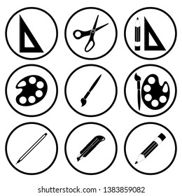 Crafting tools icons set. Collection of nine icons in black and white colors.