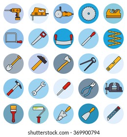 Crafting Tools Round Filled Line Icons Vector Set. Collection of 25 DIY and workshop symbols in blue circles