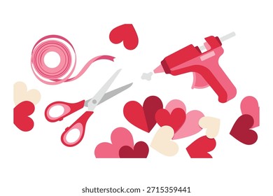 Elaboración para el día de San Valentín. Proyecto creativo DIY. Cinta, tijeras y pistola de pegamento caliente. Formas de corazón en tonos de rosa y rojo. Regalos hechos a mano. Obra de arte. Elementos de diseño. Hobby.