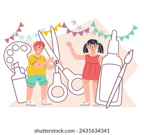 Crafts and arts creative education ideas for children banner for art classes and extracurricular activities, flat vector illustration isolated on white.