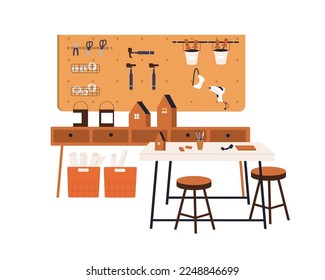 Crafts classroom, woodwork studio. School carpentry workshop with wood works, supplies, tools. Empty class room interior for joinery study. Flat vector illustration isolated on white background