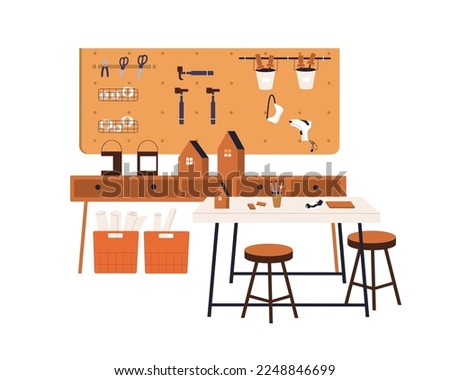 Crafts classroom, woodwork studio. School carpentry workshop with wood works, supplies, tools. Empty class room interior for joinery study. Flat vector illustration isolated on white background