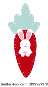 Crafts for Easter. Textile white rabbit in a pocket from a carrot. Clipart.