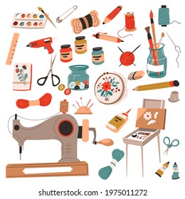 Crafts and hobbies, sewing and tailoring, drawing and knitting. Instruments and equipment for working and master classes. Machine and thread, paints and brushes, pencil and pin. Vector in flat style