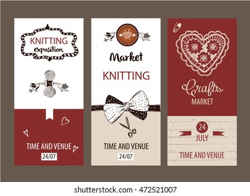 Crafts market. Knitting with love.  Element of corporate identity, banner, card for handmade home business with vector logo ball of yarn in the form of heart and knitting needles. Knit and Crochet.