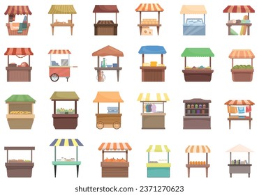 Crafts marketplace icons set cartoon vector. Street market. Food shop