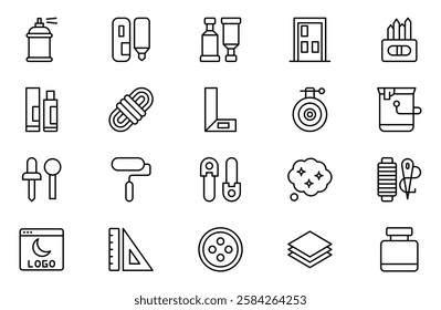 Crafts outline icons set. Pencil, pen, brush, bucket paint, palette knife, roller, palette, marker and more. Linear icon collection.