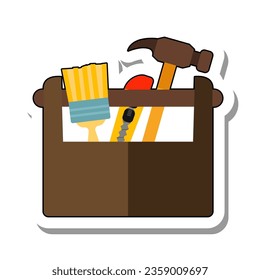 Craftsman box with construction tools flat paper sticker icon. Paint brush, stationery knife and hammer for car repair shop isolated on white background. Equipment and craft tools, carpentry concept