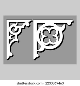 Handwerker Bracket kornschöne Stücke für die Dekoration oder Regale. Dekorvektor-Design zum Schneiden auf CNC oder Laser geschnitten auf Holz-Ecke Design-Probe. Holzecke-Einrichtung 