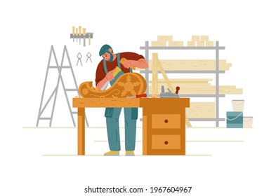 Craftsman Carpenter In Overall Carving On Wood In Workshop Interior. Artisan Flat Vector Character. 