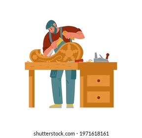 Craftsman Carpenter In Overall Carving On Wood. Artisan Flat Vector Character. Isolated On White.