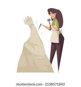 Craftsman composition with isolated female character of sculptor making sculpture with hammer and chisel vector illustration