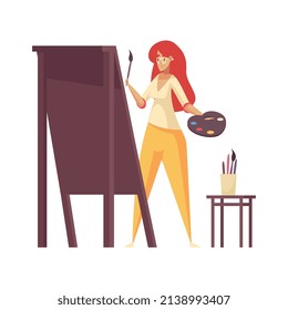 Craftsman composition with isolated female character of painter with palette and brushes drawing on easel vector illustration