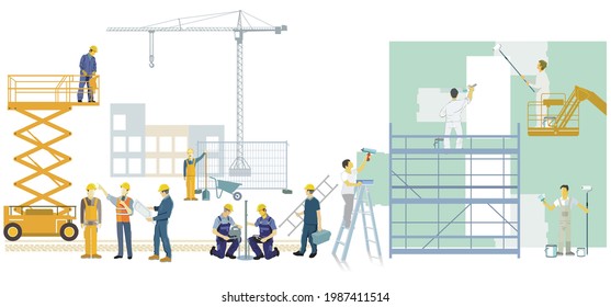 Craftsman and construction worker on the construction site, illustration