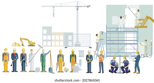 Craftsman and construction worker on the construction site, illustration