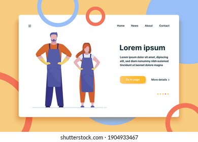 Craftsman and craftswoman standing. Professional workers in uniform holding hands on waist flat vector illustration. Craftsmanship, manufacturing concept for banner, website design or landing web page