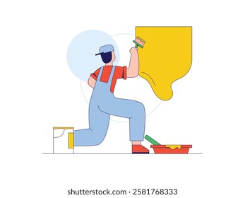 Craftsman with hat is painting the wall, renovation is progress in the room. Character design. Vector flat illustration