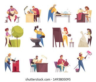 Craftsman icons set with tailor and artist flat isolated vector illustration