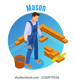 Craftsman isometric decorative round background composition with mason laying bricks with trowel cement and level vector illustration