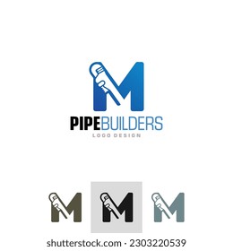 Craftsman Letter M Plumbing Logo of pipe wrench icon vector plumber maintenance symbol service industry business clipart