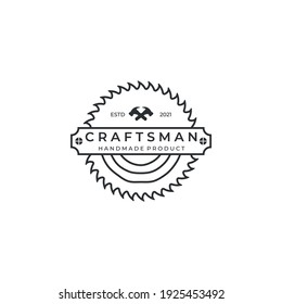 Craftsman Line Art Minimalist Logo Badge Template Vector Illustration Design. Hammer, Wood, And Saw Logo