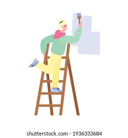 Craftsman master paints the wall with a brush flat vector illustration isolated.