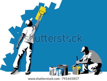 craftsman painter, craftsmen, master, crafter, worker, workers, maler, space for text. Vector illustration, clip art, cartoon colorful, blue, yellow.