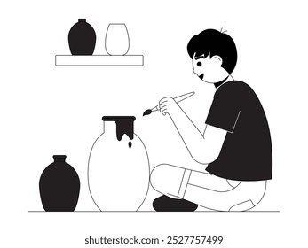 Craftsman painting pottery using brush and paint, craft vector illustration.