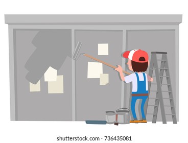 Craftsman Painting Wall Over Street Ads. Cartoon Style vector illustration.