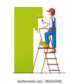 Craftsman Painting White Wall With Roller Green Paint. Flat Style Modern Vector Illustration.
